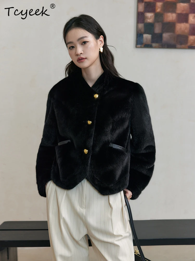 Tcyeek 本物のウール 秋冬 ハイエンド トレンド ミンクファー ブラック カジュアル レディース ウール シアリング ファーコート ファー婦人服