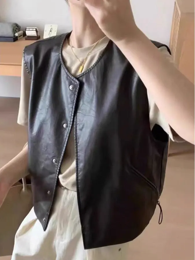 

Women's PU Leather Vest 2025 Autumn Winter Design Sensation Retro Casual Versatile Svel Gilet Outerwear