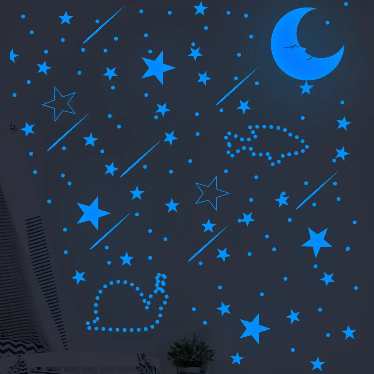 3pcs Blue Luminous Crescent Stars Luminous Wall Stickers Living Room Background Bedroom Children's Room Fluorescent Wall Sticker