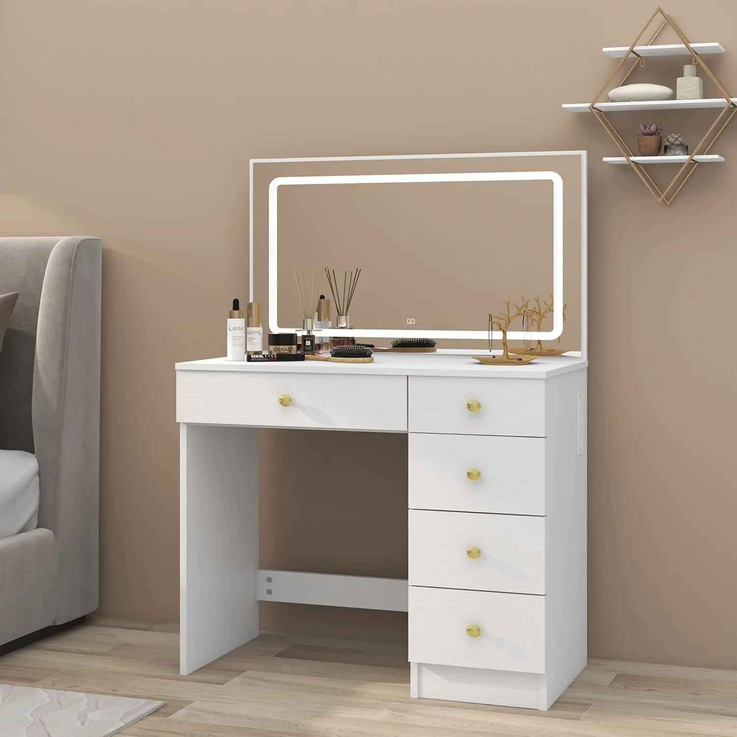 Makeup Vanity With Large Lighted Mirror, Vanity Desk With 5 Drawers Vanity Set With Power Outlet 3 Color Lighting Modes