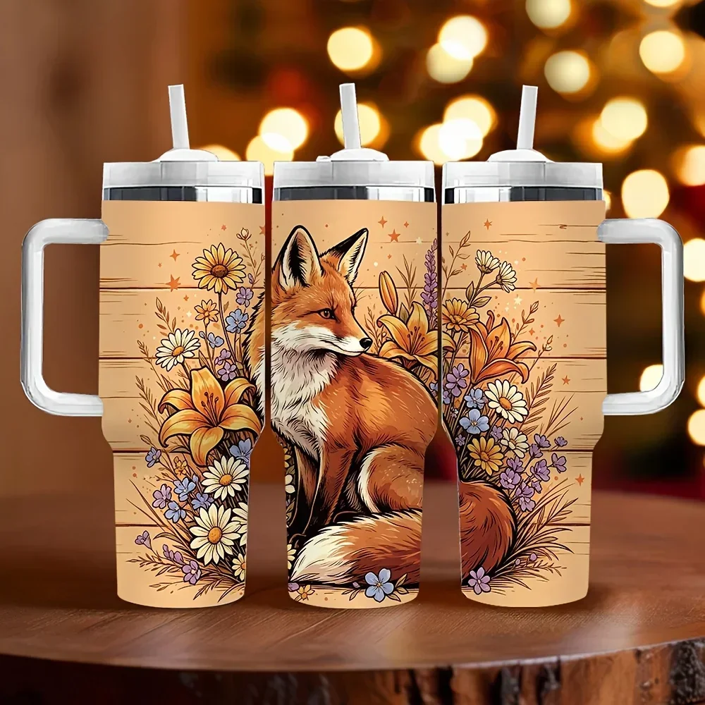 40Oz Long-Lasting Insulated Tumbler with Handle, Cute Fox Wild Flower Print, Suitable for Animal And Nature Lovers, Perfect Holiday And Birthday Gift for Daily And Outdoor Scenes