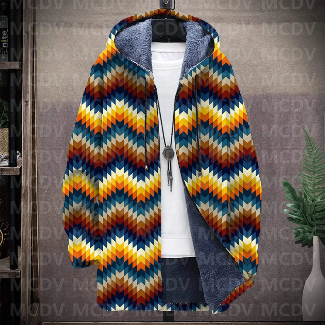 Men's Retro Print Plush Thick Long-Sleeved Coat Cardigan 3D All Over Prined Fleece Hooded Overcoat Unisex Thick Warm Jacket