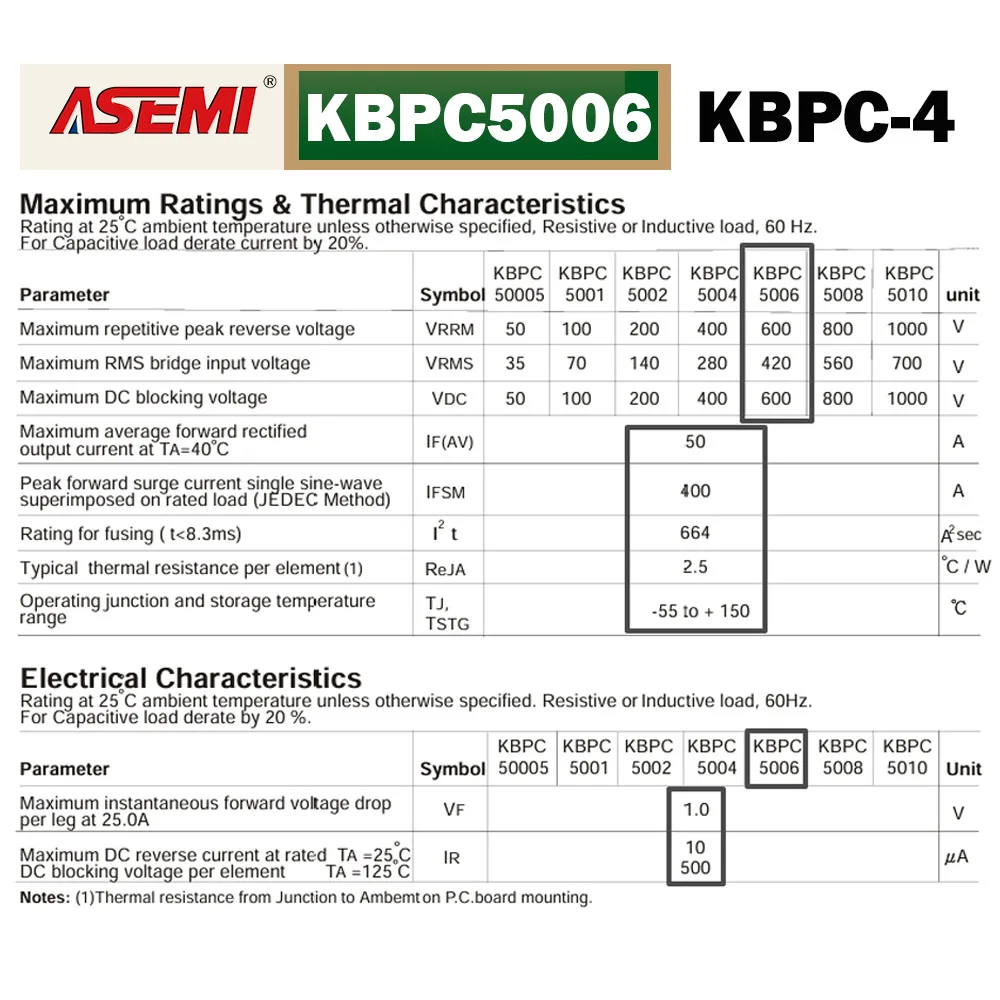KBPC5006 50A 600V Einphasiger Brückengleichrichter 180mil KBPC-4 Quadratisches Design für Elektrische Anwendungen ASEMI – Detail 4