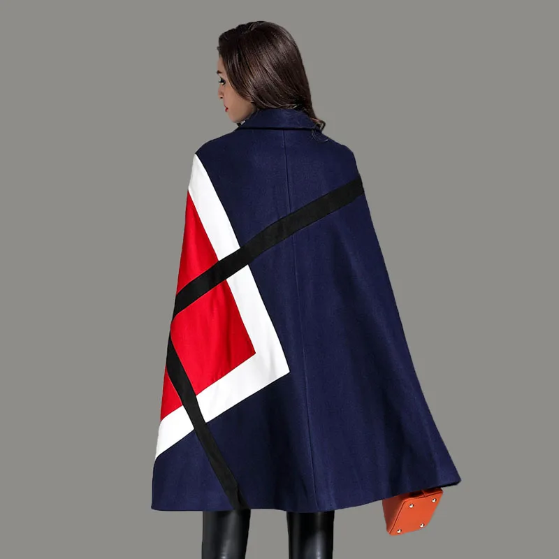 Women Cloak Tweed Outerwear 2022 Autumn Winter Lapel Batwing Sleeve Patchwork Wool Blends Thick Cape Loose Fashion Coat