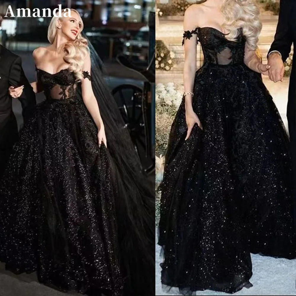 Vestido de noche negro brillante con hombros descubiertos, traje Sexy brillante con purpurina para fiesta de graduación, 2023