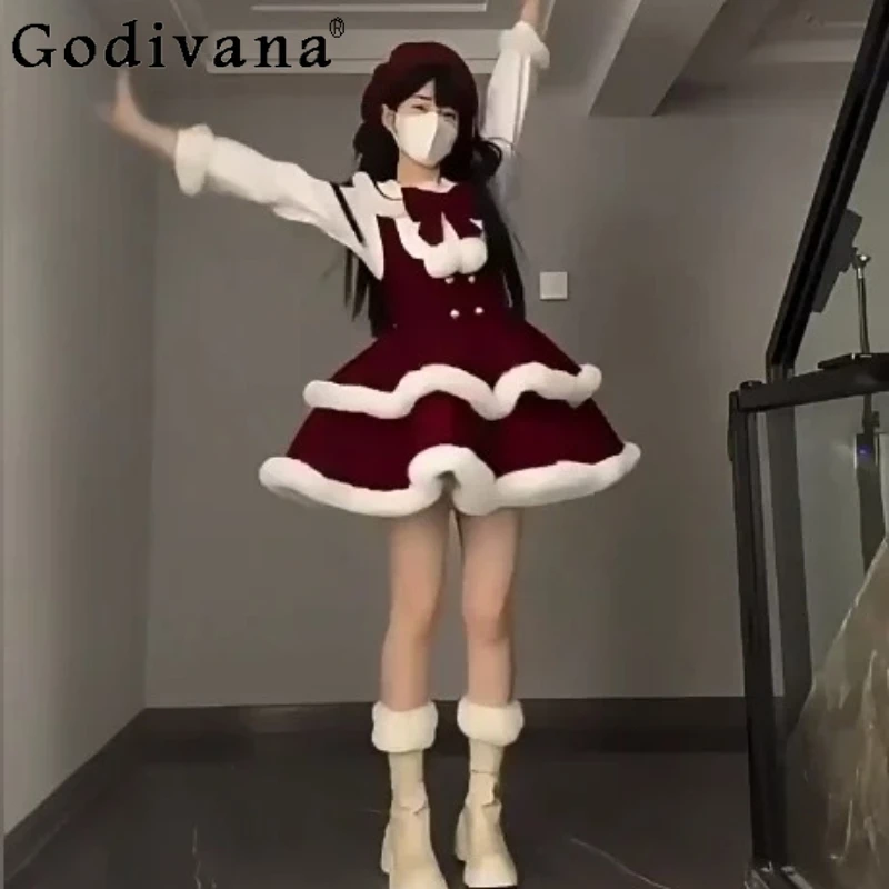 

Autumn Winter Christmas Red High Waist A-line Velvet Strap Dress New Lolita Versatile Age Reduction Sweet Cake Princess Dresses