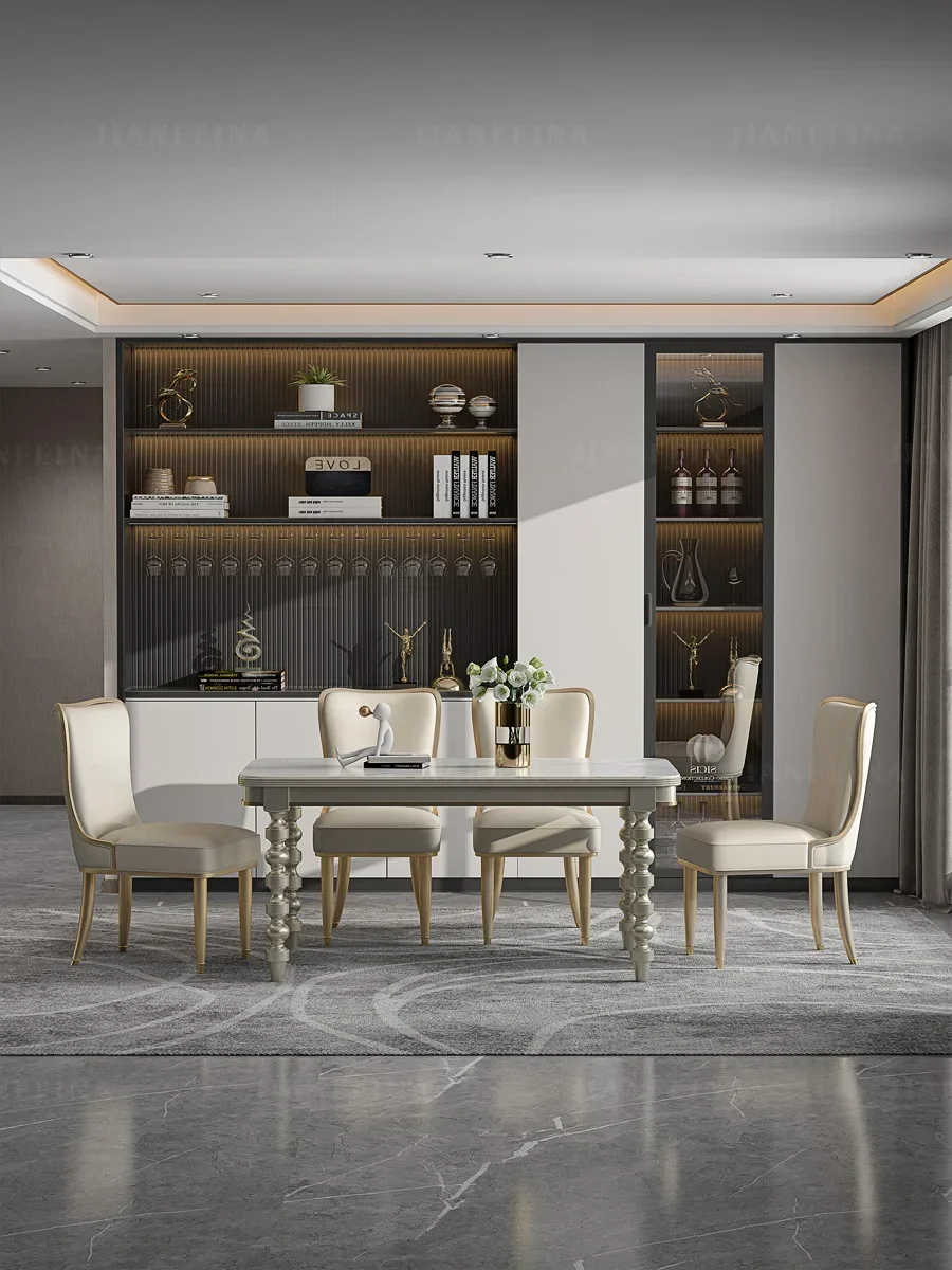 طاولة طعام من الخشب الصلب ذات لوحة صخرية خفيفة فاخرة للمنزل الأمريكي بتصميم إبداعي شبكي أحمر مستطيل