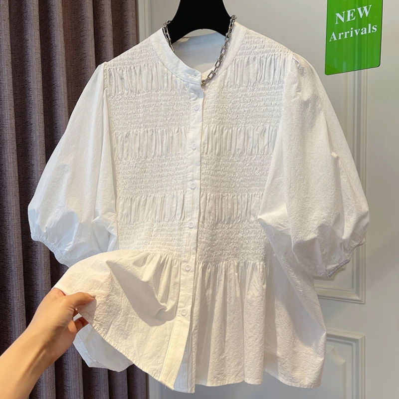 Single Breasted Women Shirts Solid Puff Sleeve Japan Style Summer Loose Blouses Pleated Ins Vintage Fashion Blusas 2023