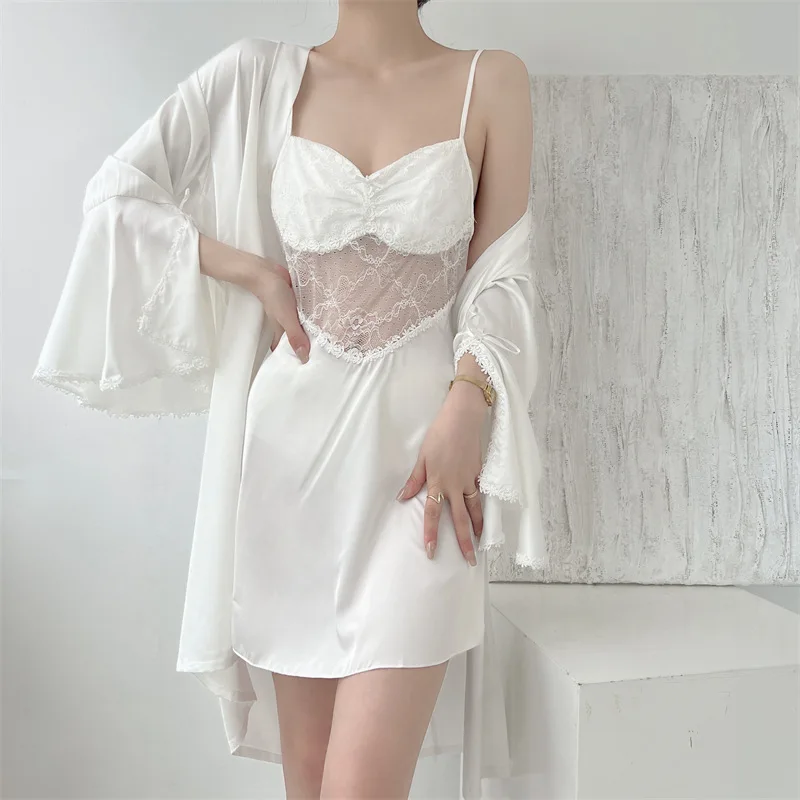 Women\'s Two Pieces Robe & Gown Sets Women Silk Satin & Lace Nightgowns Female Robe Nightdress Sleepwear Luxury Lingerie Suits