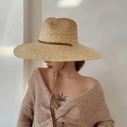 Sombrero de Sol de paja con correa para mujer, sombreros de ala ancha con protección UV para playa y vacaciones, Panamá, venta al por mayor, 2024