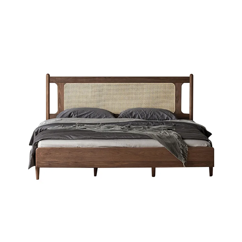 

Wabi Stillwind retro solid wood rattan bed master bedroom household 1.5m 1.8m walnut double bed