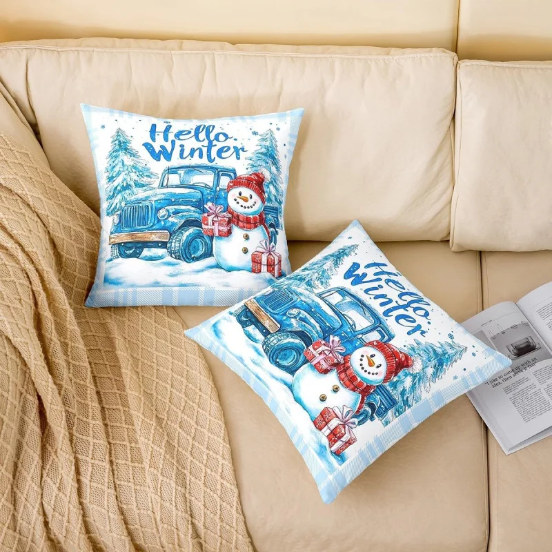 Christmas pillowcase blue and white winter snowman pillow sofa bedroom living room lathe