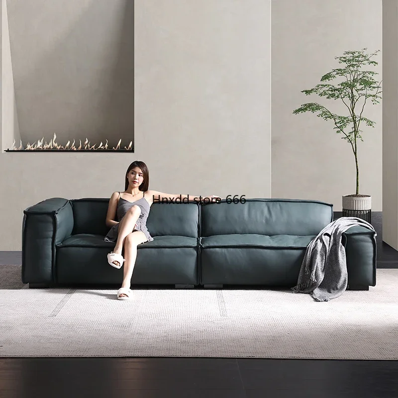 Tofu cubes leather sofa first layer cowhide straight row three people