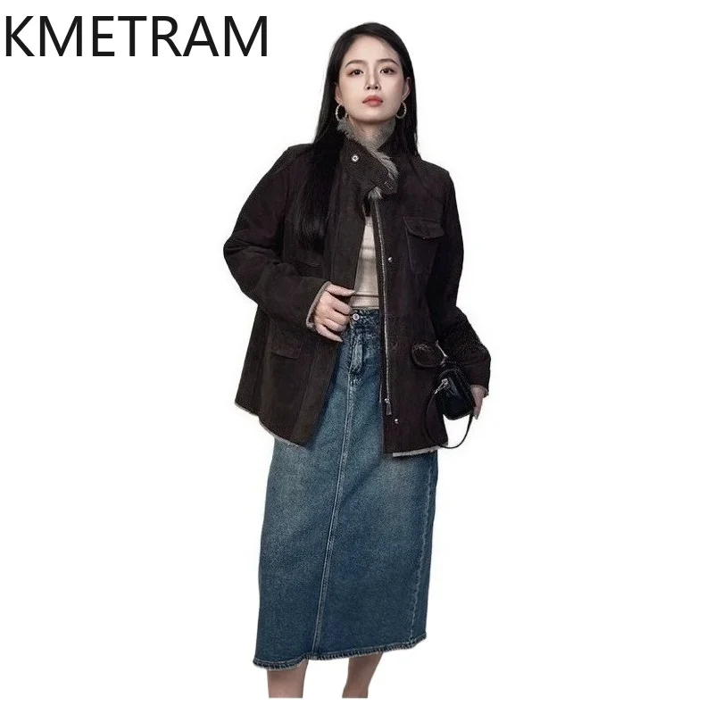 KMETRAM 100% Goatskin with Wool Attached Coats Stand Collar Casual Fur Jacket Fashion Winter Fur Coat Woman Clothing 72cm 2026