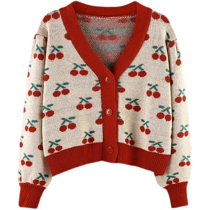 Women's Autumn and Winter Loose Cherry Small Fragrance Foreign Style Thickened Sweater College Style 2021 New Knitted Cardigan