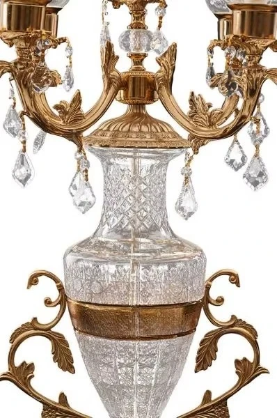 Antique brass crystal three-arm table lamp with hand-decorated details