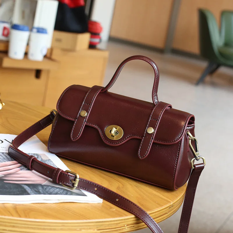 

Handheld Briefcase For Women 2025 New Vintage Versatile Small Square Bag Golden Buckle Genuine Leather Women's Crossbody Bags