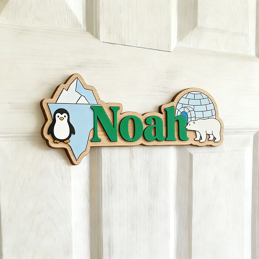 Arctic Penguin & Polar Bear Custom Name Sign Ice Cave Nursery Wall Art Personalized Wooden Plaque for Kids Room - view 4