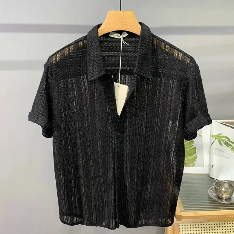 Solid Color Simple Hollow Out Short Sleeved Shirt for Summer Thin and Trendy Cool and Stylish Light Luxury Feeling Men\'s Top