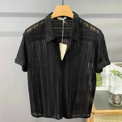 Solid Color Simple Hollow Out Short Sleeved Shirt for Summer Thin and Trendy Cool and Stylish Light Luxury Feeling Men's Top