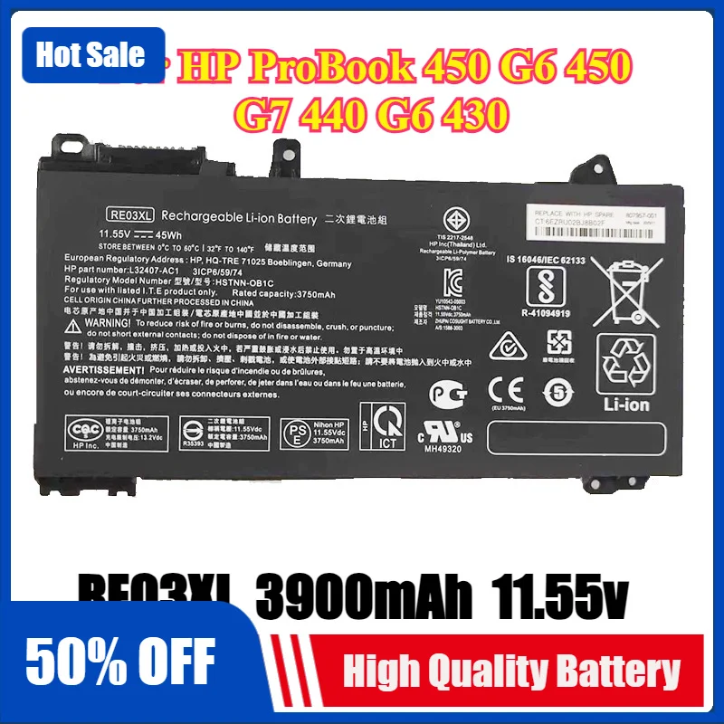 11.55V 45Wh RE03XL L32407-AC1 L32407-541 Laptop Battery for HP ProBook Pro 14 15 G3 HSN-Q22C 430 G7 Notebook Battery