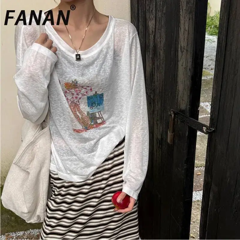 

FANAN Women's Cartoon Print Long Sleeve T-Shirt Summer Thin Sheer O-Neck Casual Loose Cropped Top Sun Protection Streetwear Tee