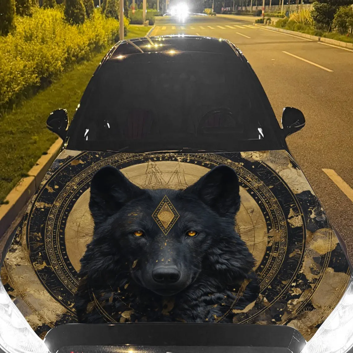 

Moon - Reflected Black - Gold Wolf Car Vinyl Wrap, PVC Material Waterproof Car Hood Sticker, Self-Adhesive Scratch-Resistant Sti