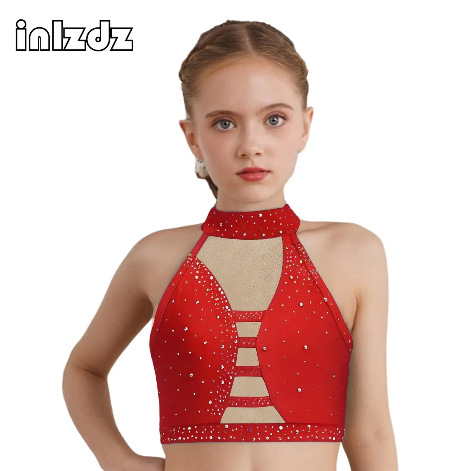 

Kids Girls Latin Dance Costume Halter Sleeveless Crisscross Back Mesh Sparkling Rhinestones Crop Top Stage Performance Dancewear