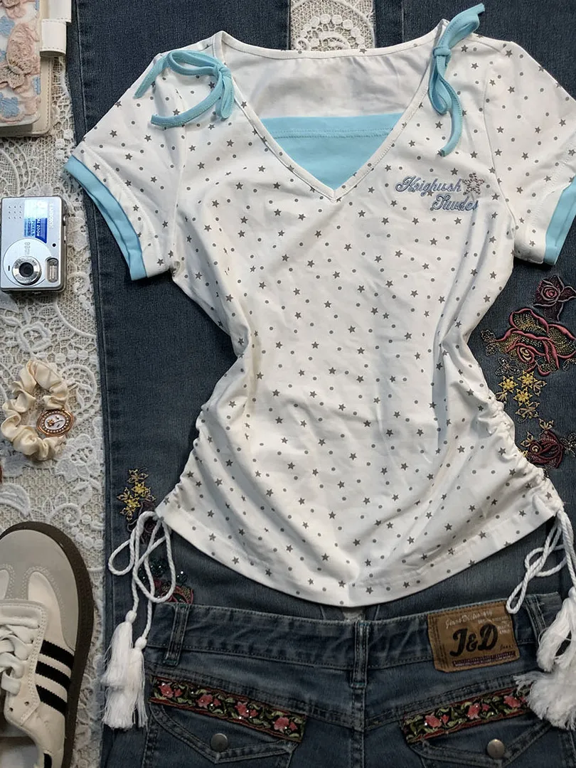 

BaoYao Girl Original Retro White Star Print Fake Two-Piece Short Sleeve T-Shirt Women Summer Sweet Matching Top Casual Style