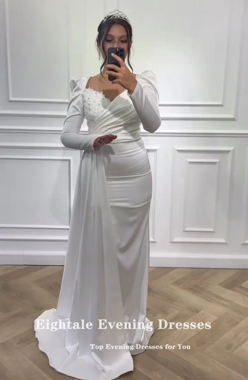 Eightale Elegant Evening Dress for Wedding Party V-Neck Beaded Long Sleeve Formal Occasions Satin Prom Gowns abendkleid damen