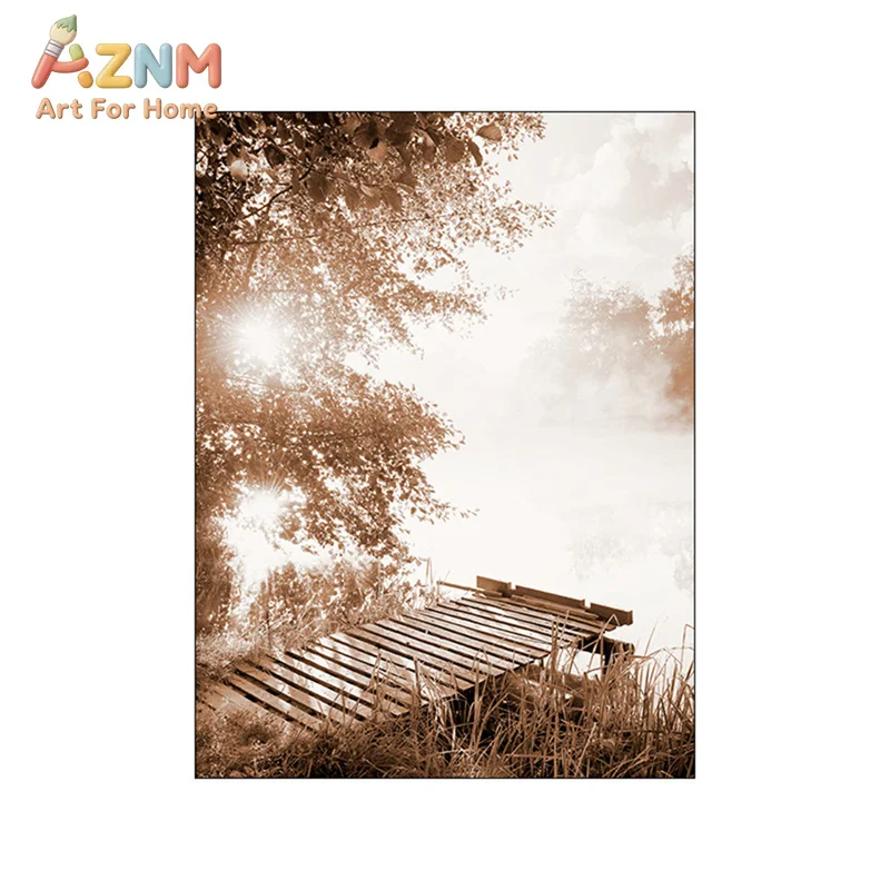 AZNM Neutral Beige Autumn Nature Canvas Wall Art Wheat Reed Lake Sunset Tree Scenery Inspirational Quote Print Minimalist Bedroo