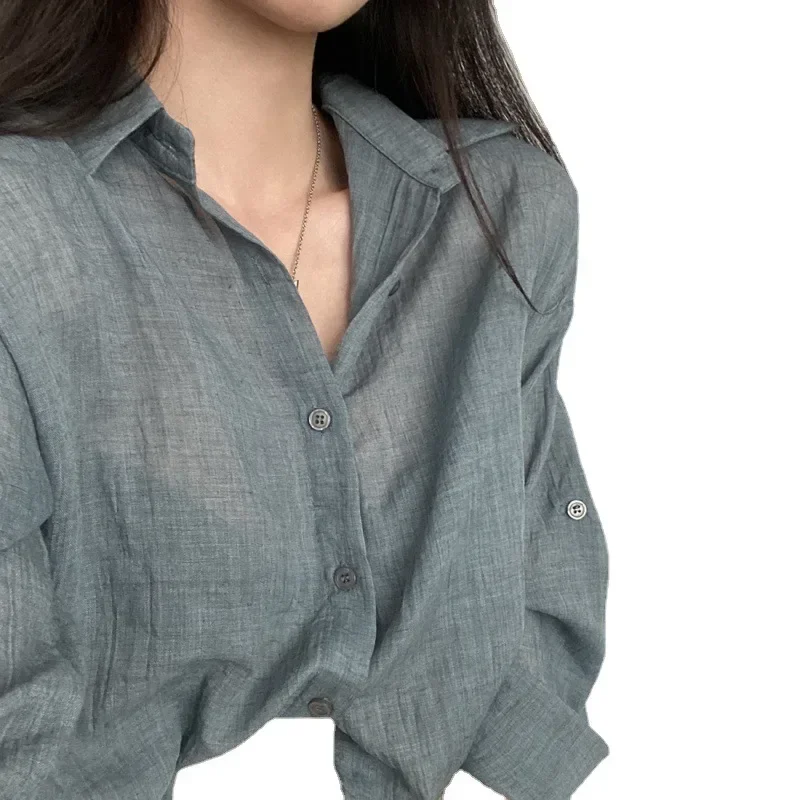 Summer Simple Solid Color Single-breasted Lapel Pleated Long-sleeved Shirt Loose Short Sunscreen Shirt
