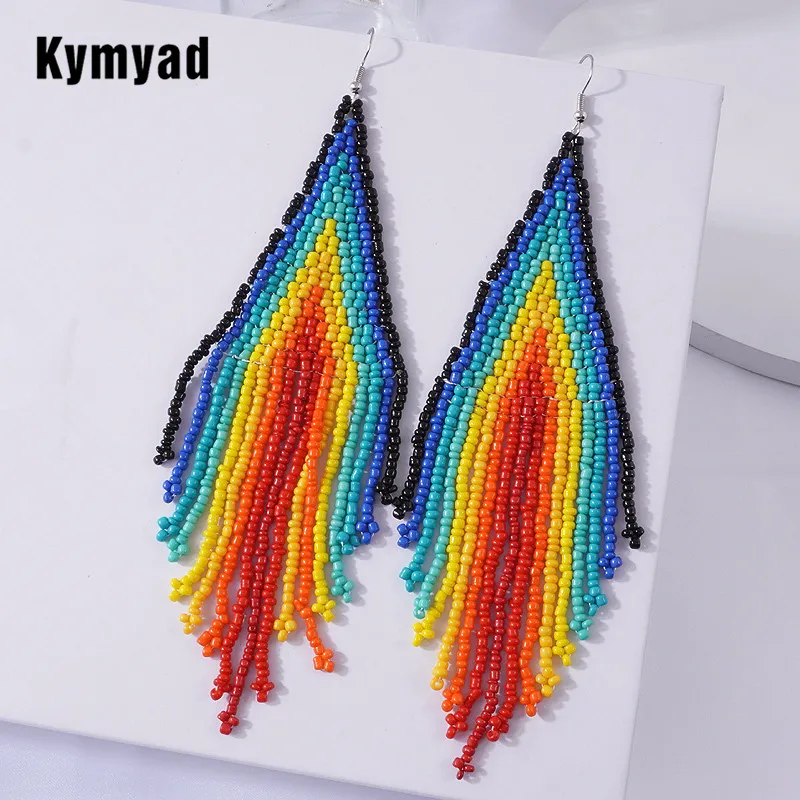 Kymyad Ethnic Jewelry For Women Rhombus Shaped Beads Tassel Chains Long Earrings Vintage Handmade Colorful Beads Women Earrings