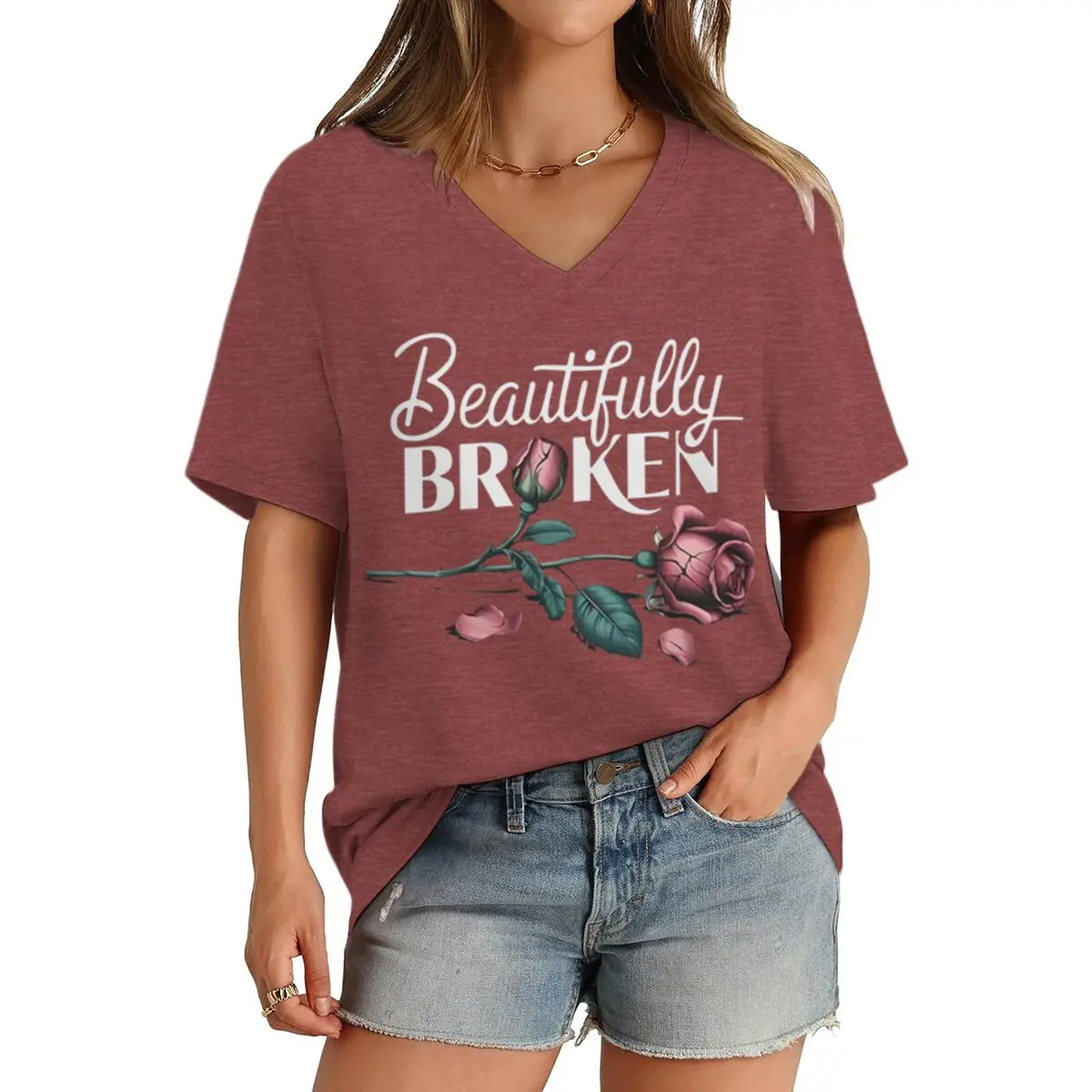 Vintage Rose Inspirational Quote Tee Women V Neck Fashion Mental Health Awareness T-shirts Casual Female Self Love Quote T Shirt