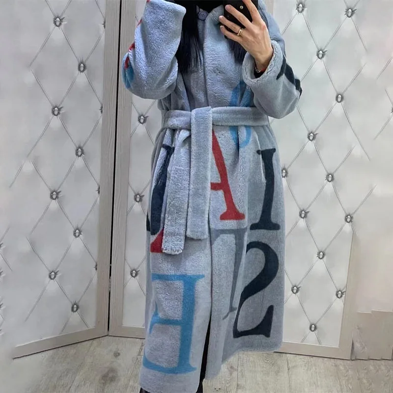 2024 European and American letters fashion women large size printing long woolen coat coat women