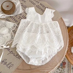 Summer New Fashionable Versatile Set Clothing for Infants and Girls, Round Neck Sleeveless Lace Spliced Sleeveless Top+Clear Col