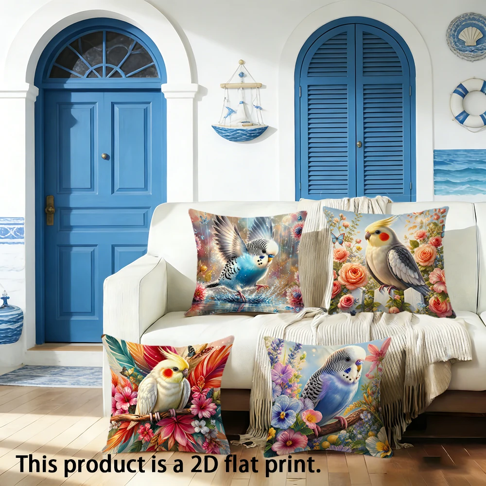 1pc  Cute Parrot Print Throw Pillow Covers, Floral Bird Square Cushion Cases for Home Decor