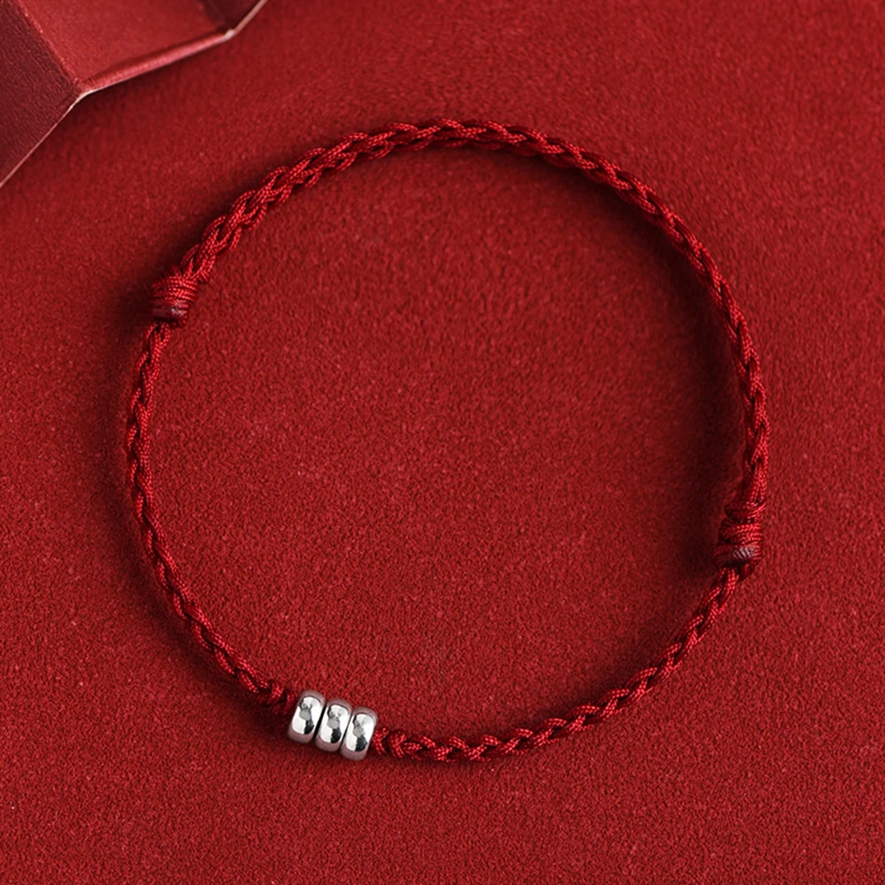 Handmade 3 Beads Red String Bracelet for Women Men Silver Color Lucky Bead Red Rope Bracelet Amulet for Protection Charm Jewelry