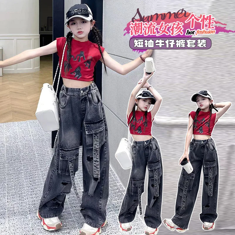 Girls Ripped Cargo Jeans Summer Teen Girl High Waist Pants Kids Thin Loose Straight Trousers Children Clothes 5-14Y Cartoon Tops