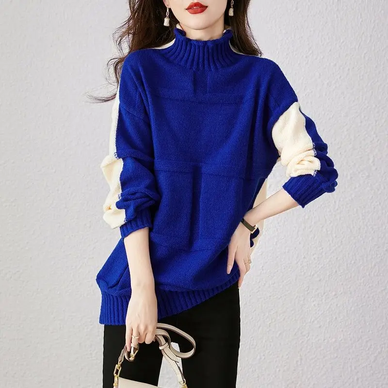 Korean Contrasting Colors Sweaters Autumn Winter Turtleneck Casual Loose Female Clothing Stylish Asymmetrical Knitted Jumpers