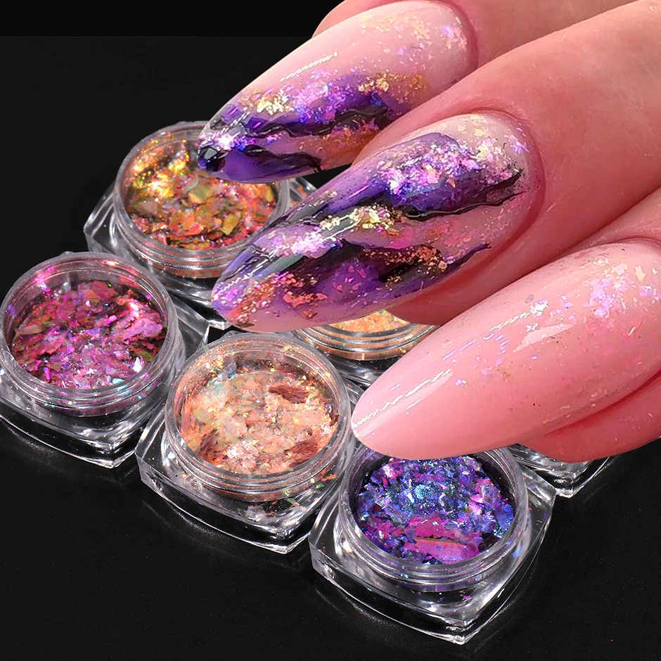 6 Box High Quality Flashy Aurora Opal Flakes For Nails Holographic Fire Cloud Brocade Powder Sequins Crystal Paillettes Manicure