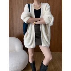 2024 Women New Autumn Knitted Furry Cardigans Sweater Coat Open Stitch Long Sleeve Women Beige Sweater Tops Loose Style Coat