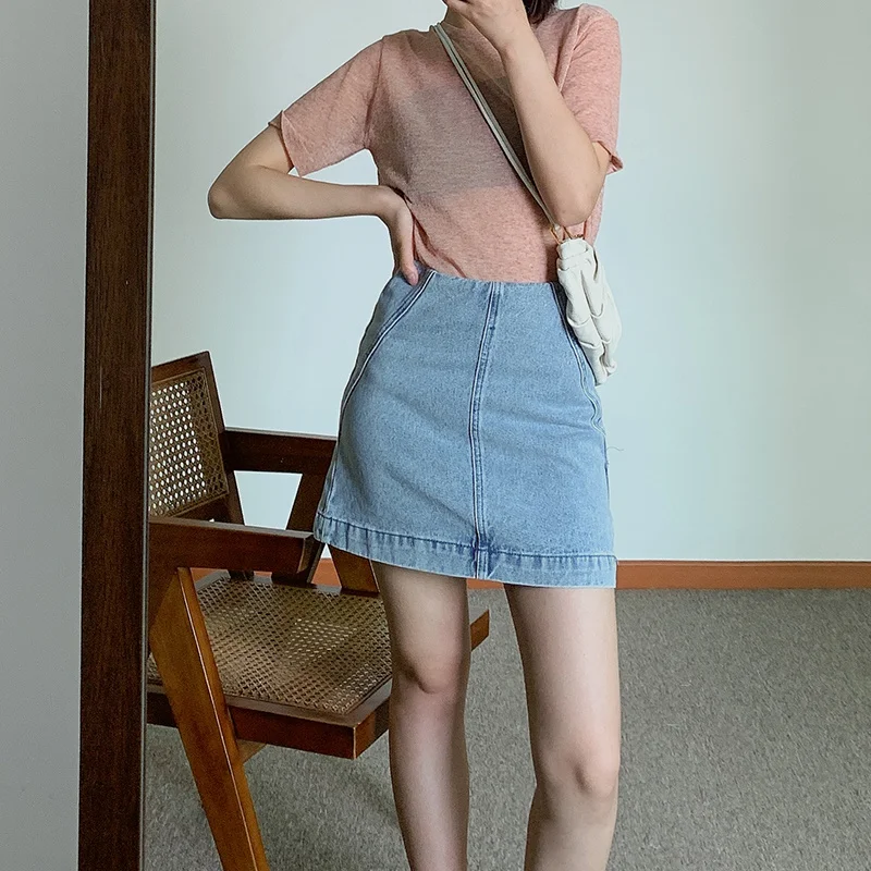 [Long Legs Artifact] Denim Short Skirt Age Reducing High Waist Pull Leg Wrap Hip A Version Covering Cross Wash