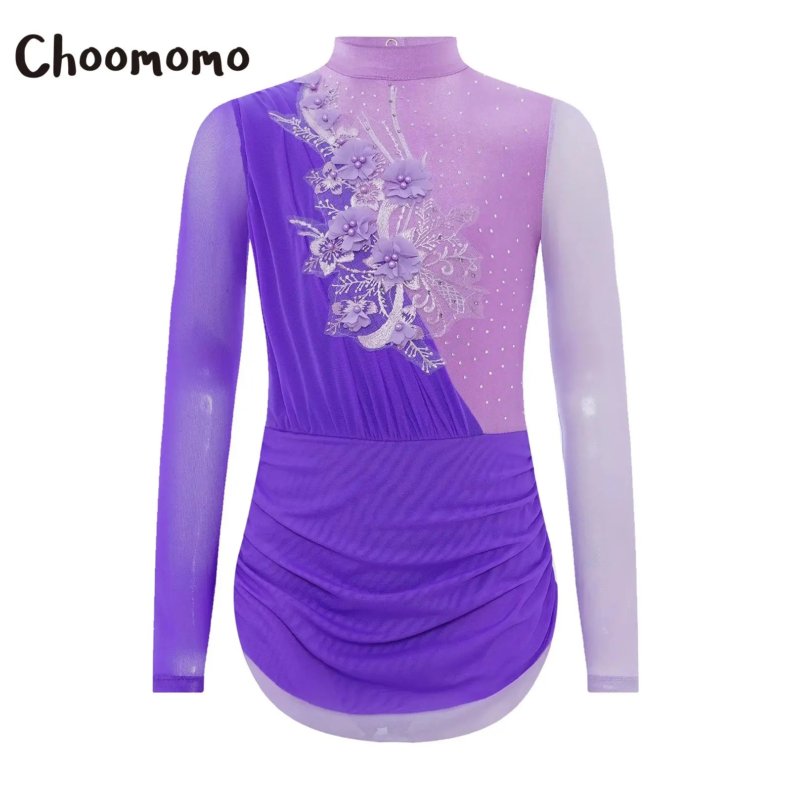 

Girls Figure Skating Dress Sheer Mesh Long Sleeves Applique Rhinestones Gymnastics Leotard Dress Ballet Lyrical Dance Costumes