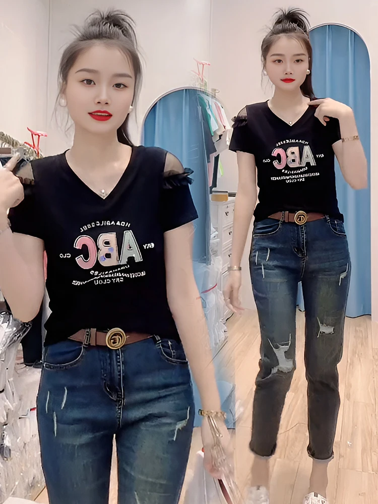 Sommer 2025, erschwingliches Damen-T-Shirt aus reiner Baumwolle, oulder Bared Strass-Design, vielseitiges koreanisches SLE-Top