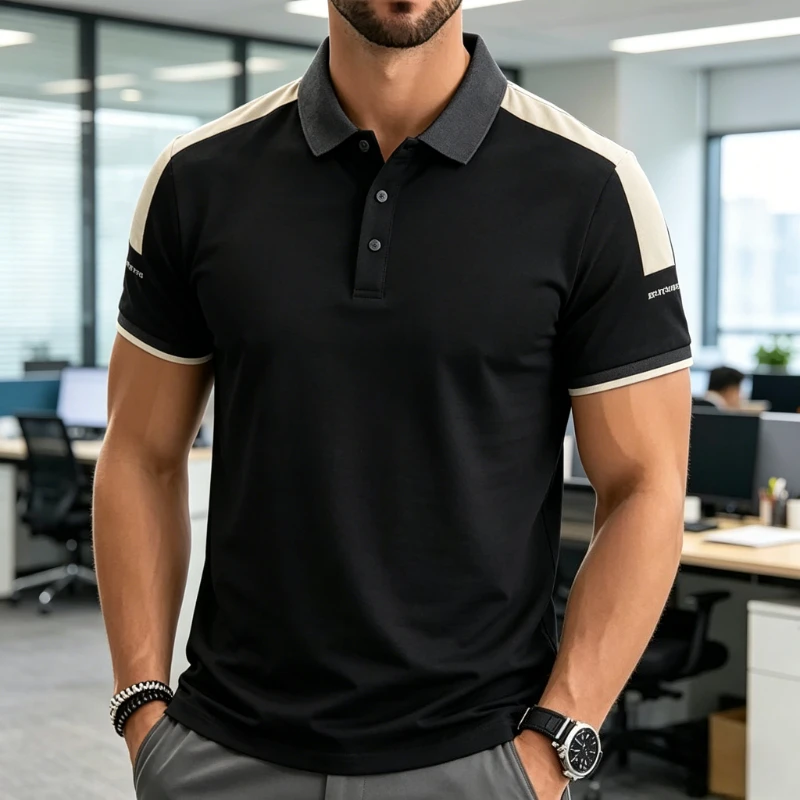 Polo de Verano para Hombre, Manga Corta, Nuevo Diseño con Parches, Marca Moderna, Cuello Camisero, Camiseta de Seda Helada para Hombre