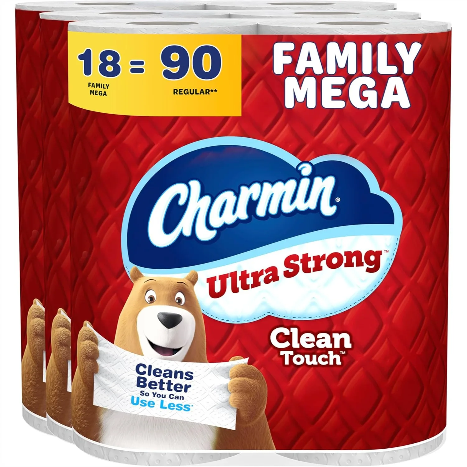 

2-Ply Toilet Paper, 18 Family Mega Rolls = 90 Regular Rolls, Strong When Wet, Diamond Weave for Clean