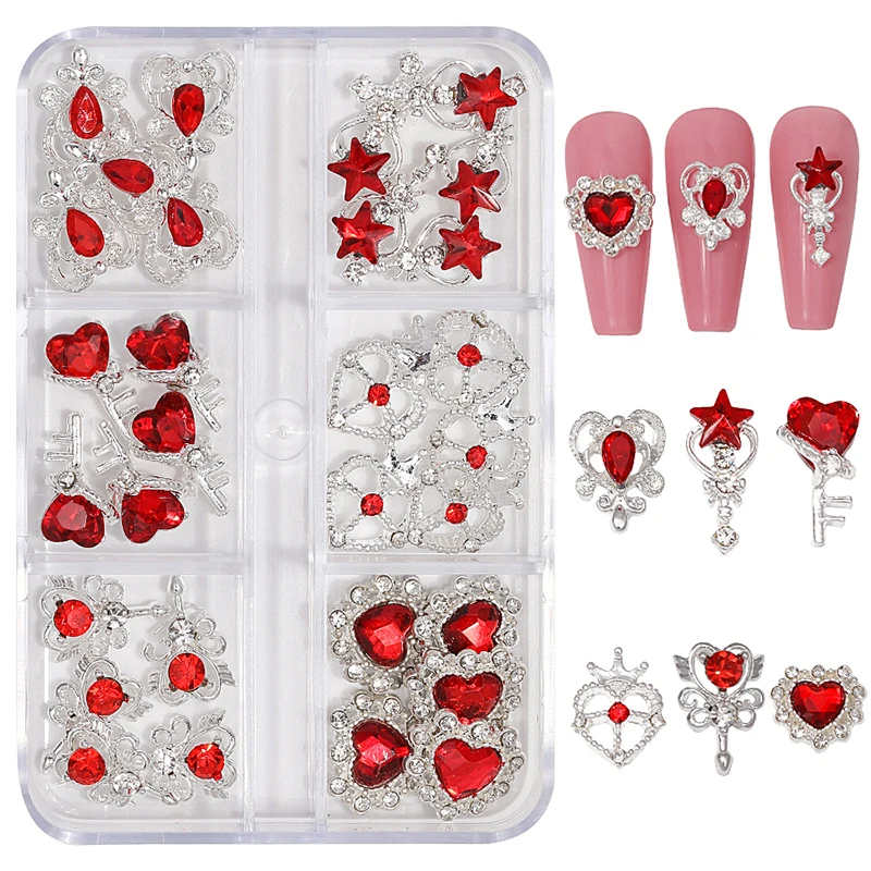 30 pièces 3D amour coeur ongles breloques bijoux rouge rose ongles strass cristal verre baguette magique Nail Art décorations accessoires