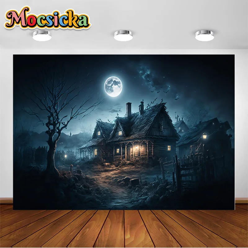 

Halloween Backgrounds Scary Cabin in the Forest Full Moon Scary Forest Backdrops For Holiday Portrait Photo Shoots Photocall