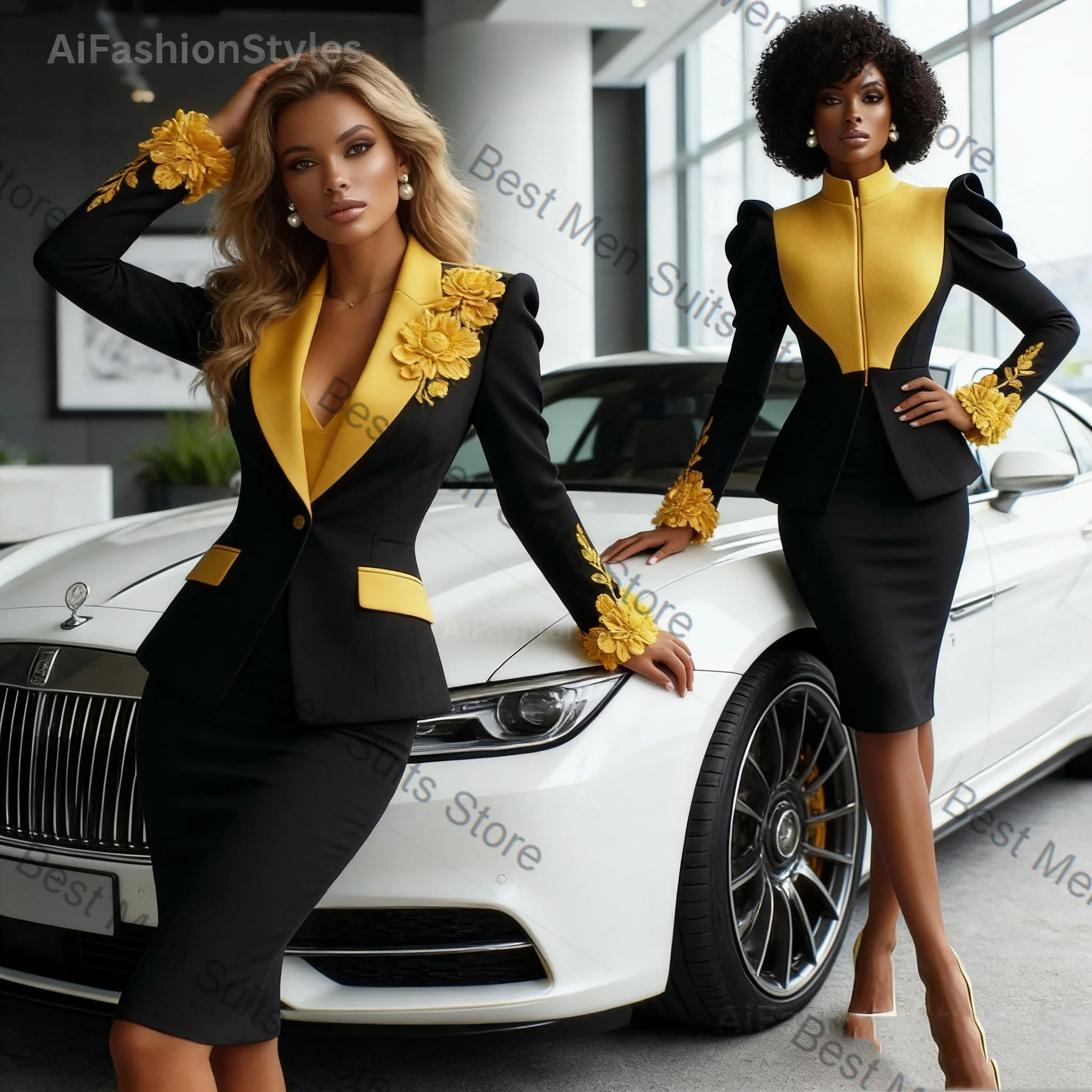 

Yellow Black Women Suit Set 2 Pcs Zipper Blazer Pants Trousers Flower Formal Office Jacket Customized Wedding Tuxedo Guest Coat